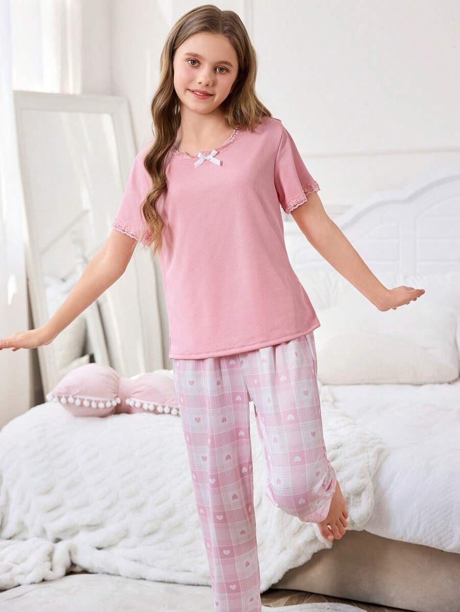 2pcs Girls Casual Heart Plaid Short Sleeve Top With Bow And Pants Set, Home Outfit - Pink - View 1
