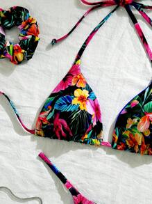 Swim Vcay 2 件套热带印花双面带发圈时尚三角吊带胸罩和泳装比基尼套装，适合夏季海滩度假 - 彩色 - 查看 3