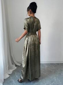 Elenzga Women's Summer Occasion Casual Loose Dress, Gold & Green Floral Decor Bat Wing Sleeves, V-Neck Maxi Gown Dress, Suitable For Outing, Date, Holiday, Eid, Music Festival, Wedding