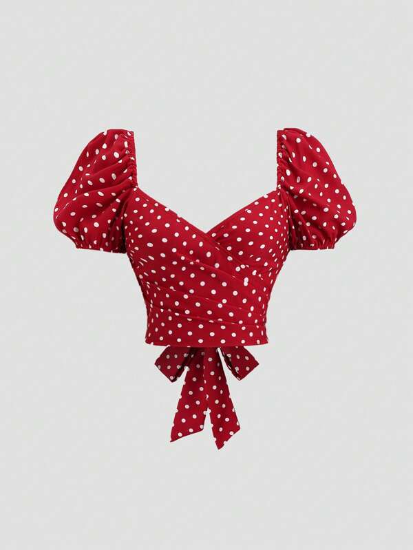Sweetra French Style New Summer Vintage Sweet & Cute Red Polka Dot Print Puff Sleeves Bowknot Blouse For Ladies