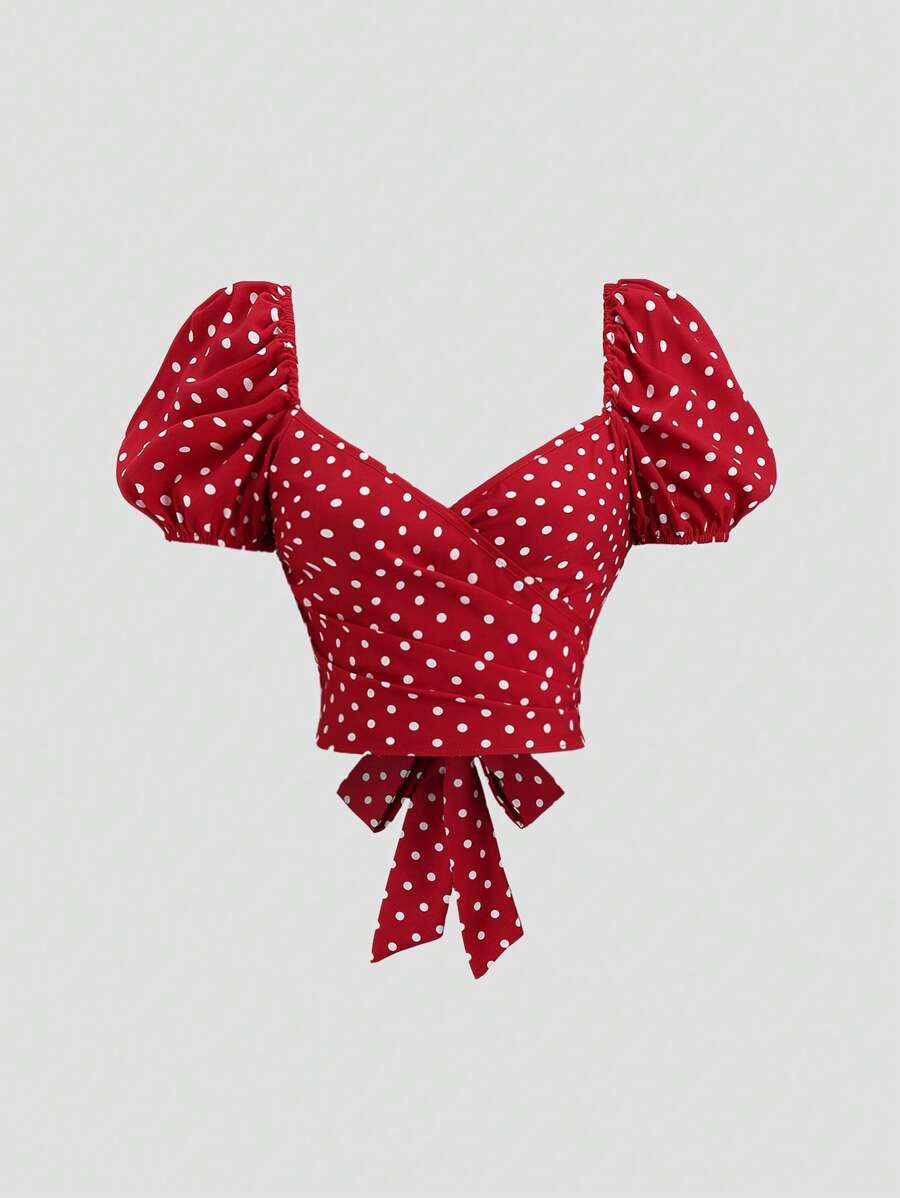 Sweetra French Style New Summer Vintage Sweet & Cute Red Polka Dot Print Puff Sleeves Bowknot Blouse For Ladies