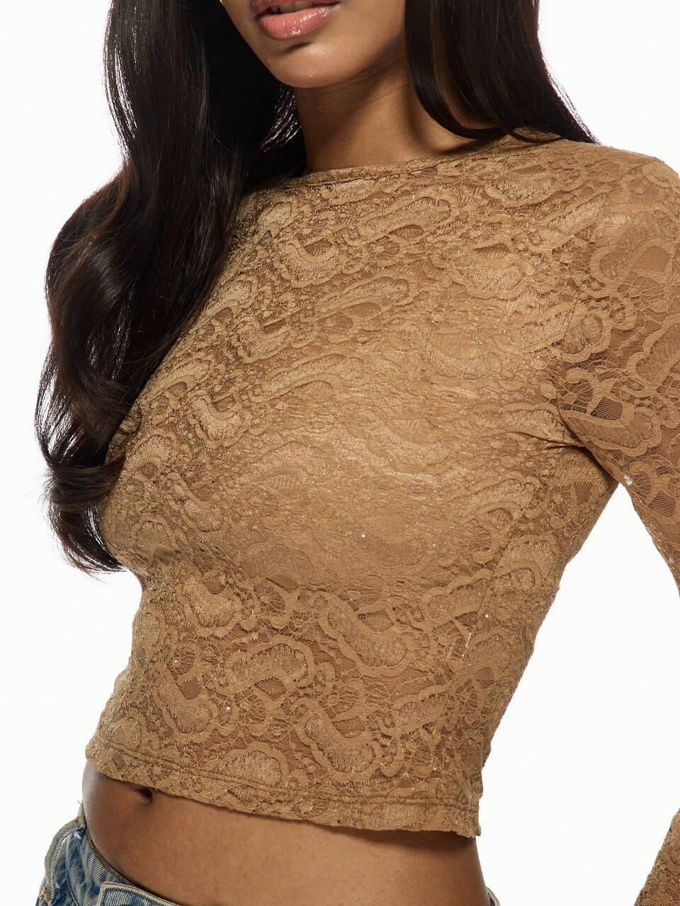 MISSGUIDED Sheer Lace Long Sleeve Crop Top Party Club Evening Holiday Date Night Fashion Form-Fitting Transparent Blouse