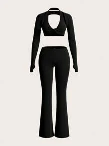 SHEIN ICON 3-Piece Set: Halterneck Bralette Top, Long Sleeve Shirt, And Low Waist Pants