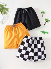 SHEIN Leap Crew 3pcs Young Boys Casual, Fashion, Practical, Cute, Soft And Comfortable Solid Black, Orange And Checkerboard Shorts, Suitable For Vacation, Daily Wear, School, Travel, Sports, Spring/Summer - Multicolor - View 4