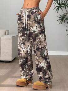 Flirla Women's Tie-Dye Printed Drawstring Waist Wide Leg Loose Pants Fall Cloth For Women - Army Green - View 4