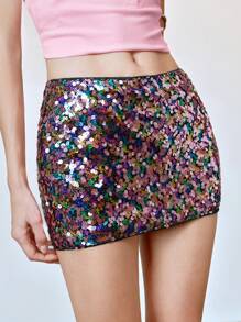 SHEIN LUNE 女士性感低腰闪亮亮片修身迷你裙 - 彩色 - 查看 7