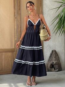 SHEIN VCAY Women's Summer Boho Vacation Holiday Black And White Colorblock Stripe Slip Backless Dress,Beach Tropical Casual Outfits,Sundress Sundresses - Black - View 1