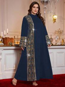 Al Najma Plus Size New Elegant Stand Collar Long Sleeve Pearl Embroidery Luxurious Ladies Robe Classy Dresses For Women Luxury Dress For Women,Modest - Navy Blue - View 3