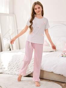 Conjunto de 2 peças de roupa doméstica, Blusa Branca com Laço Elegante e Simples, e Calça com Babado Xadrez Rosa - Rosa chiclete - Visão 3