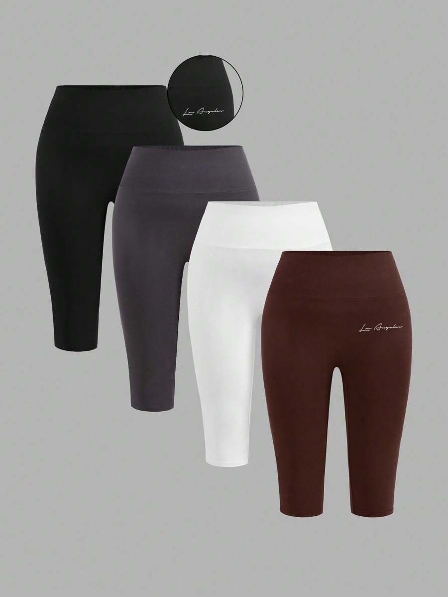 Comfortcana 4pcs/Set Plus Size Casual Letter Print Design Tight Leggings, Multi-Color, Suitable For Summer - Multicolor - View 1