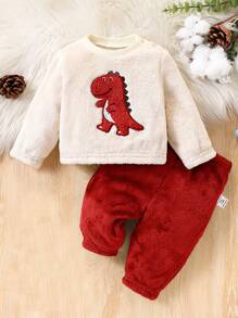 SHEIN 2pcs Baby Boy Cute Dinosaur Embroidery Print Flannel Long Sleeve Top And Long Pants Sleepwear Set, Autumn/Winter - Red - View 1