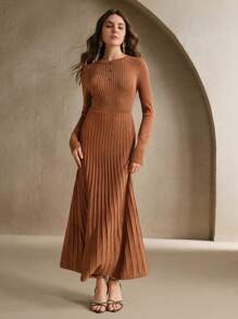 Anewsta 金属罗纹针织连衣裙，老款，女士春季服装 - 棕色 - 查看 5