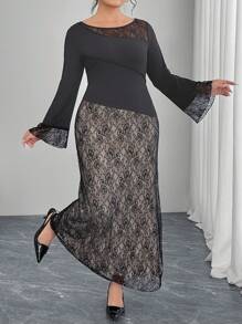 Modelyn Plus Size Elegant Solid Lace Patchwork Flare Sleeve Dress Fall Cloth For Women - Multicolor - View 6