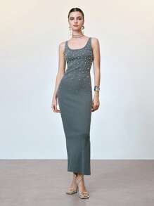 SHEIN Unity Women's Sand Washed Elegant Pearl Decor Cotton Slim Fit Bodycon Tank Maxi Dress,Charcoal Gray Summer Dinner Date Vacation Beach Wear Outfit - Grey - View 7