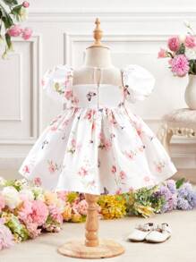 Fern Glow  Elegant Floral Print Mesh Satin Babygirl Dress - White - View 2