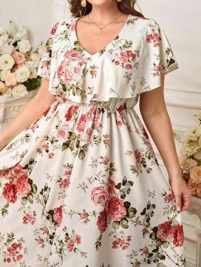 Reflora ロマンチックな花柄 ウエストフレア ミディアムドレス、柔らかくフレアのあるスタイリッシュなプラスサイズのエレガントなアウトフィット、春夏の女性のドレス、プラスサイズの女性のサマードレス、エレガントな女性のパーティーフローイードレス、ビーチドレス サマードレス、ホリデーアウトフィットボヘミアン