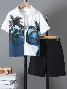 2 buc/set Tween Boys cămașă cu imprimeu nucă de cocos și pantaloni scurți de culoare solidă ținută de vară pentru vacanță la plajă