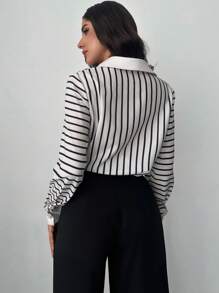 SHEIN Privé Ladies Spring Summer Elegant Romantic Fashion Commuter Sexy Fashion Office Black And White Striped Long Sleeve Shirt, Vacation Wear, Romantic Dating And Wedding Birthday Women's Clothing, Easter - Black and White - View 5