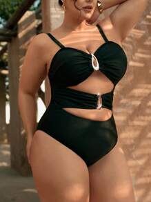 SHEIN Swim Curve Plus Size Women's Black Solid Color Sexy Minimalist Slimming Cut Out Front One-Piece Swimsuit, For Summer Beach Vacation