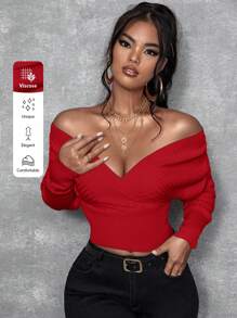 SHEIN SXY Solid Color Long Sleeve Sweaters, Casual Pullover,Long Sleeve Tops In Fall/Winter - Red - View 3