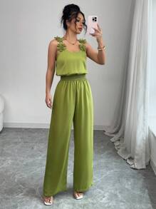 Elenzga Nouvelle combinaison ample sans manches décontractée avec décoration florale brodée, convenant pour les vacances printanières/estivales