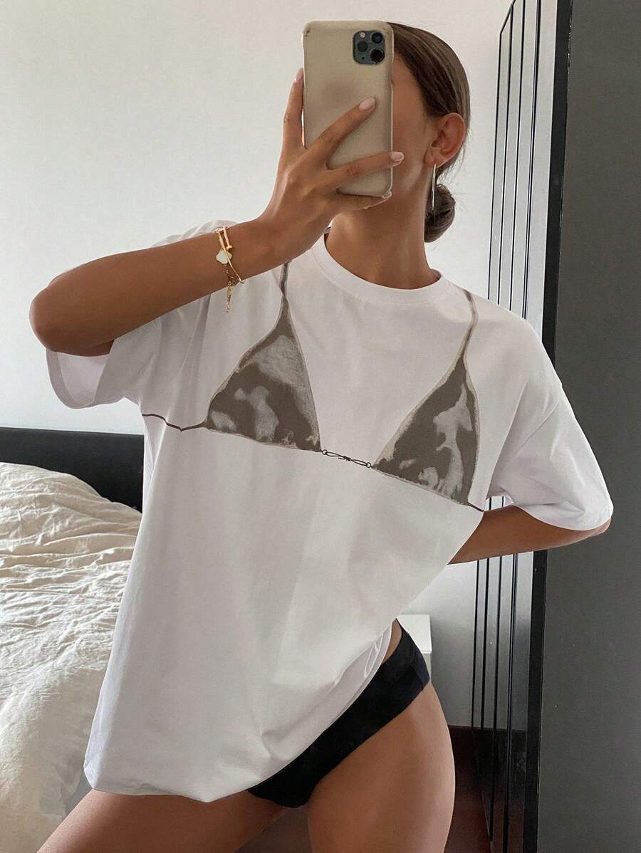 DAZY 女士休闲圆领短袖图案印花 T 恤 Y2k 超大 T 恤 - 白色 - 查看 1