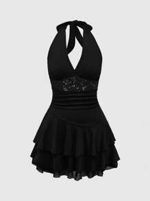 ROMWE Goth Vestido mini con borde con volantes, bordado con lentejuelas y diseño floral con tótem en negro