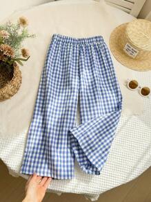 SHEIN LMoss Kids Pantalones casuales holgados de cuadros tejidos para niña joven LMoss