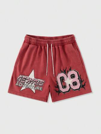 Prep Men's Sporty Distressed Letter Print Drawstring Waist Shorts