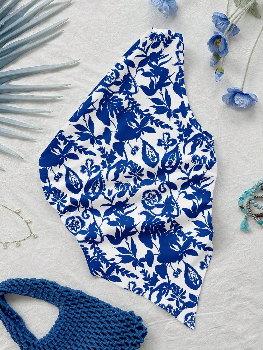 Soleia 女式青花瓷风格夏日度假露肩不对称下摆衬衫 - 彩色 - 查看 1