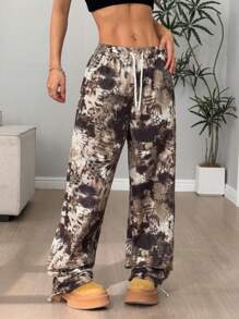 Flirla Women's Tie-Dye Printed Drawstring Waist Wide Leg Loose Pants Fall Cloth For Women - Army Green - View 3