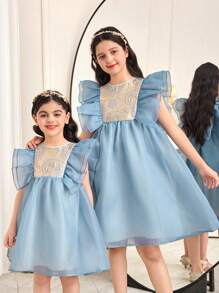 SHEIN Tween Girls Ruffle Patchwork Bowknot Back Organza Dress - Blue - View 1