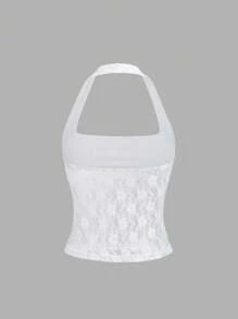 Sweetra Elegant And Sexy Solid Lace Halter Top Y2K Christmas Holiday Party  For New Year