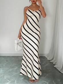 Chiquease 女式超长优雅杏色条纹休闲/工作合身吊带连衣裙