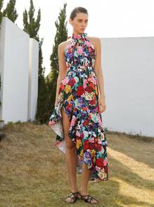 Aveloria Modichic Romantic Floral Printed Dress With Small Stand Collar, Bow Back Design, Waist Gathering, Asymmetrical Hem, High Slit, Sleeveless, Maxi Length For Women