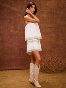 WESTFADE Woven & Lace Tiered Tube Romper - Apricot - View 3