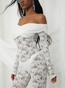 NYA SZN Mono entallado de manga larga con hombros al aire y encaje, perfecto para primavera, fiestas de verano, bodas, graduaciones, cenas, bailes de graduación