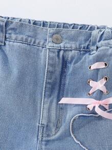 Tween Girls Vintage Casual Urban Light Wash Denim Straight Jeans With Ribbon Heart Detail Pocket - Light Wash - View 3