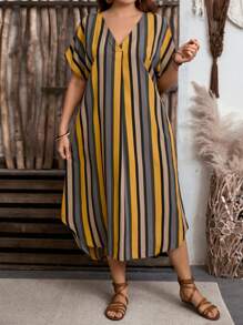 EMERY ROSE Vestido casual recto holgado con cuello en V, mangas de murciélago y rayas para mujer talla grande