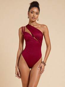 Iridescence Sculpted Designer Burgundy Asymmetric Neck Braided Strap Bodysuit, Festival, Summer,Beach For Women, Concert,Elegant,Vacation, Western Wear,Boho, Gyaru - Burgundy - View 1