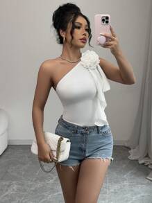 Chiquease Romantic Floral Print Bodysuit, Ruffle Trim White Elegant Bodysuit