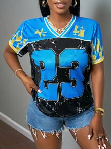 Slaydiva New Spring And Summer Casual Street Sports Style V-Neck Loose Raglan Sleeves 23 Slogans Logo Blue Splicing Smudged Tattered Black Yellow Flame All-Over Printed Women's T-Shirt-A