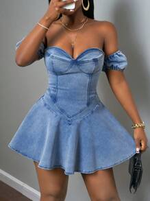 Slaydiva Spring And Summer New Style Casual Street Cute Daily Date Puff Cap Sleeves One Shoulder Wrap Chest Sweetheart Neck V Hem Ruffle Hem Light Blue Women's Denim Dress-EE