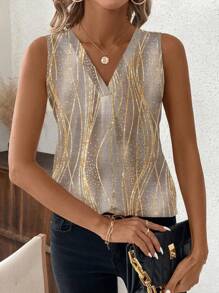 SHEIN Clasi Áo sơ mi nữ cổ chữ V rộng rãi họa tiết retro phù hợp cho mùa hè - Màu Khaki - Xem 7