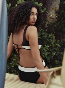 Swim SPRTY Spring Break Women's Beachwear Summer Beach Vacation Outfit, Black & White Patchwork Backless Bikini Set, Beach/Sports Swimwear, Bohemian Festival Style