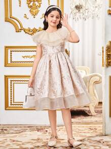 SHEIN Tween Girl 优雅欧根纱拼布荷叶边领提花无袖连衣裙 - 金色 - 查看 8
