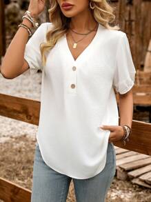 LanaWest Camisa de manga corta con botones, cuello en V profundo y corte holgado