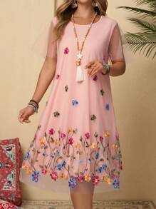 EMERY ROSE Váy lưới thêu hoa tay ngắn cỡ lớn cho nữ - Bụi hồng - Xem 3