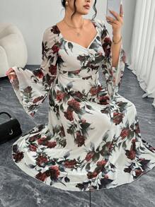 Modelyn Plus Size Elegant Floral Print Flare Sleeve Midi Dress - Multicolor - View 5