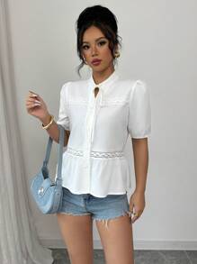 SHEIN Clasi New Summer Lace Patchwork Hollow Bow Short Sleeve Shirt - White - View 6